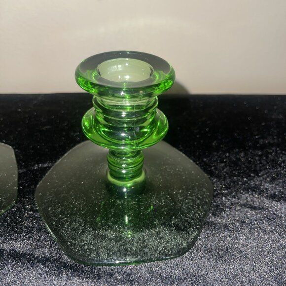 Vintage Green Depression Glass Hexagonal Base Candlestick Holders Set Of 2 - Picture 3 of 16